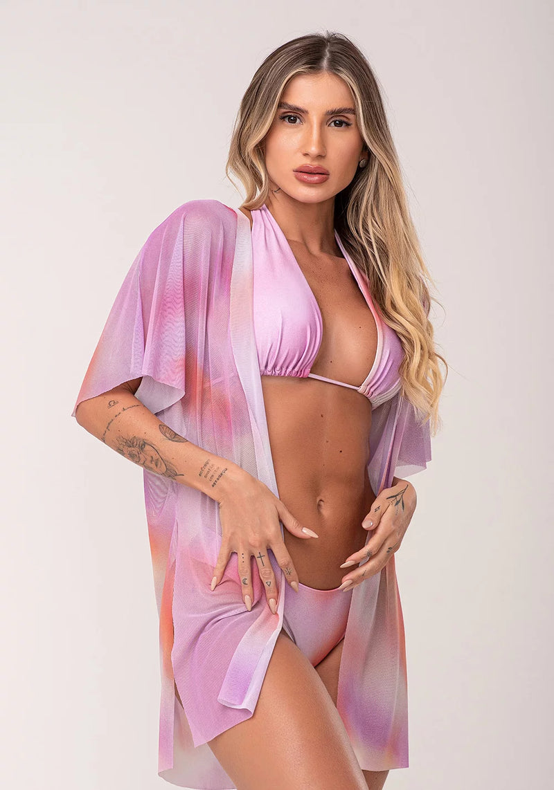 KIMONO BEACH EM TULE ESTAMPA CÉU DE VERÃO ROSADO