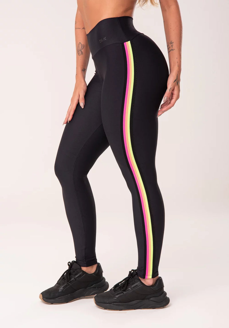 CALÇA LEGGING ENERGY POLIAMIDA PRETA COM ELÁSTICO COLORIDO