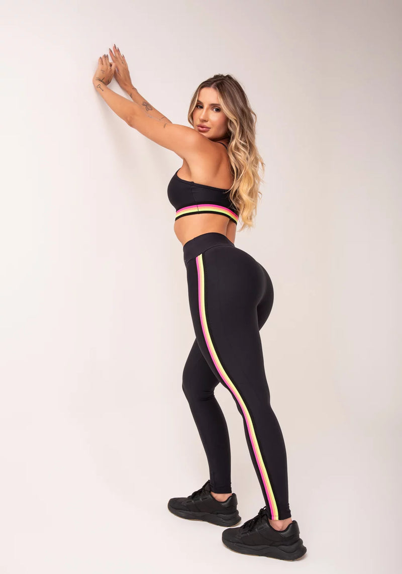 CALÇA LEGGING ENERGY POLIAMIDA PRETA COM ELÁSTICO COLORIDO