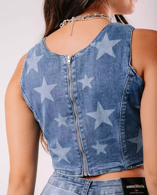 TOP JEANS FEMININO ANA CASTELA DETALHES DE ESTRELAS